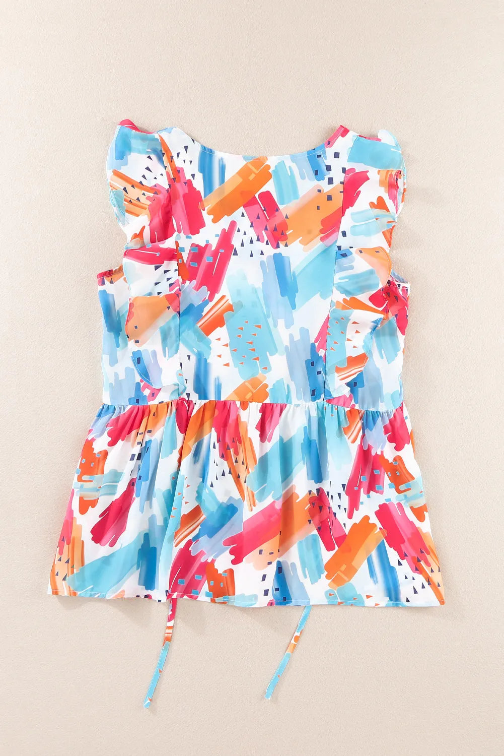 Multicolor Abstract Print V Neck Ruffled Tank