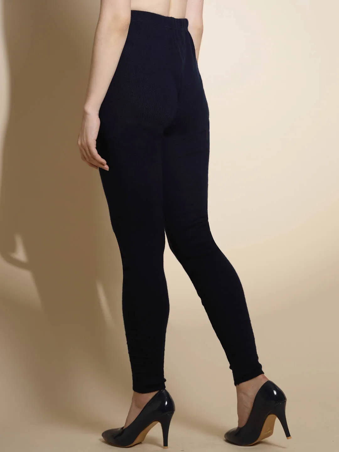 Navy Blue Solid Woolen High Rise Stretchable Legging