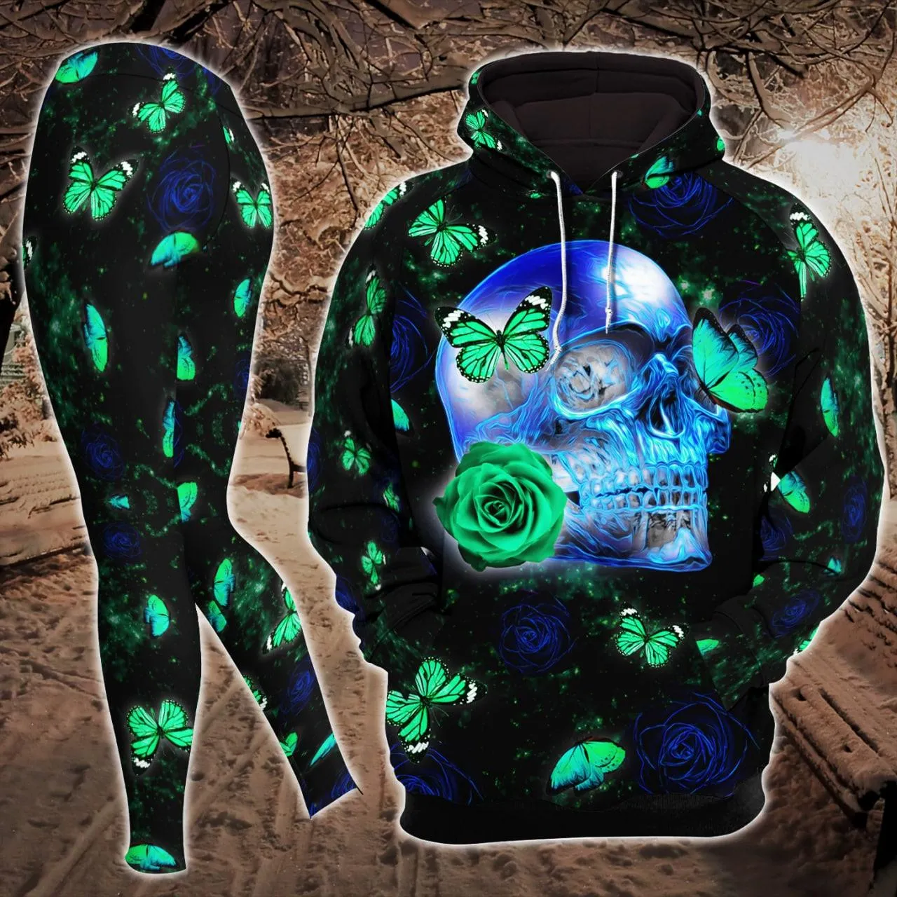 Neon Diamond Skull Butterfly Artwork Combo Hoodie and Leggings