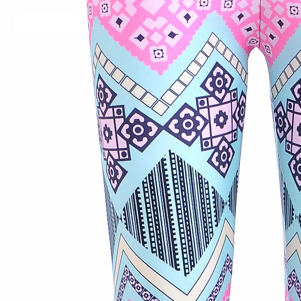 Neon Nation Pink / Blue Geometrical Aztec 3D Print Leggings