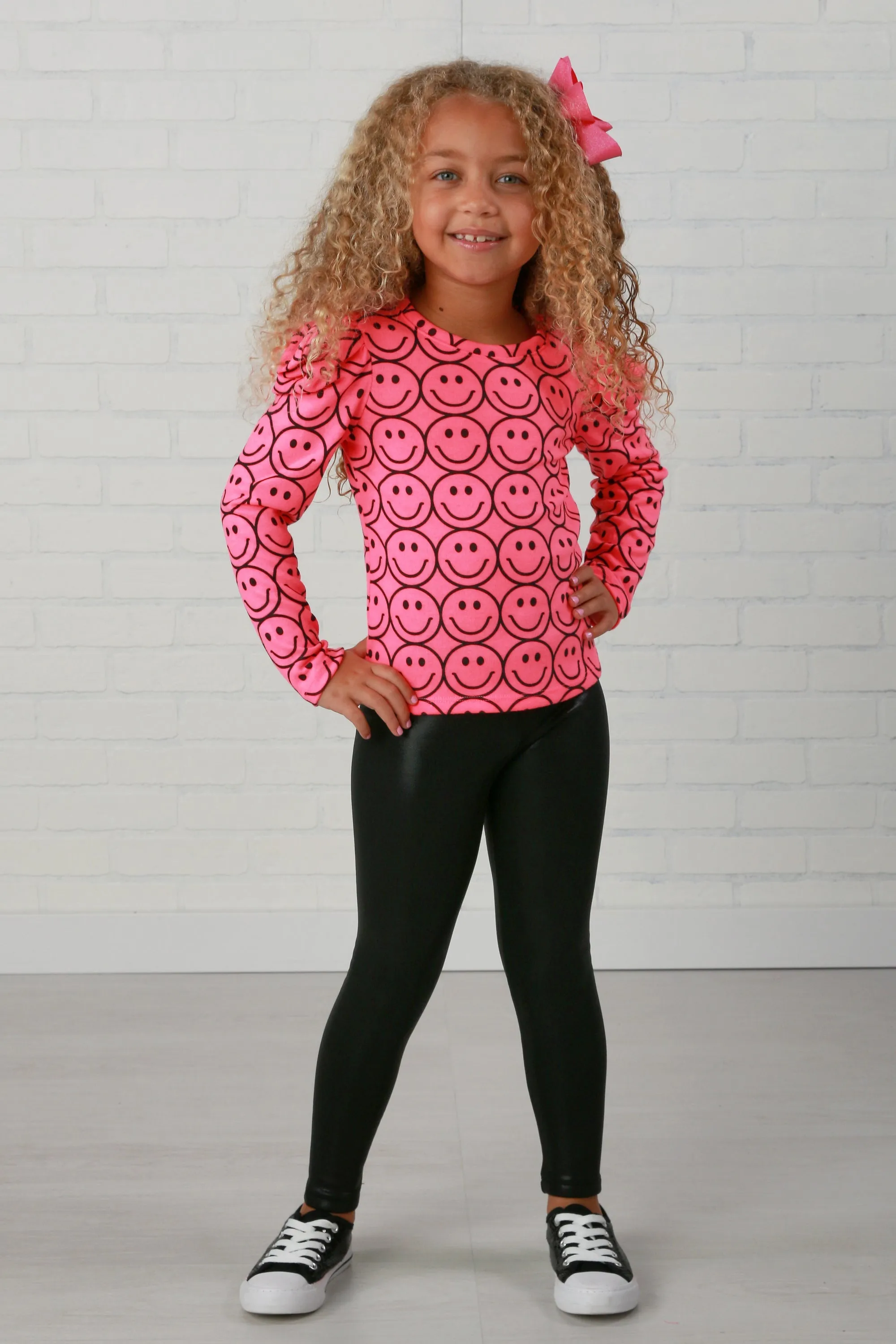 Neon Pink Puff Sleeve Top w/Smile Faces