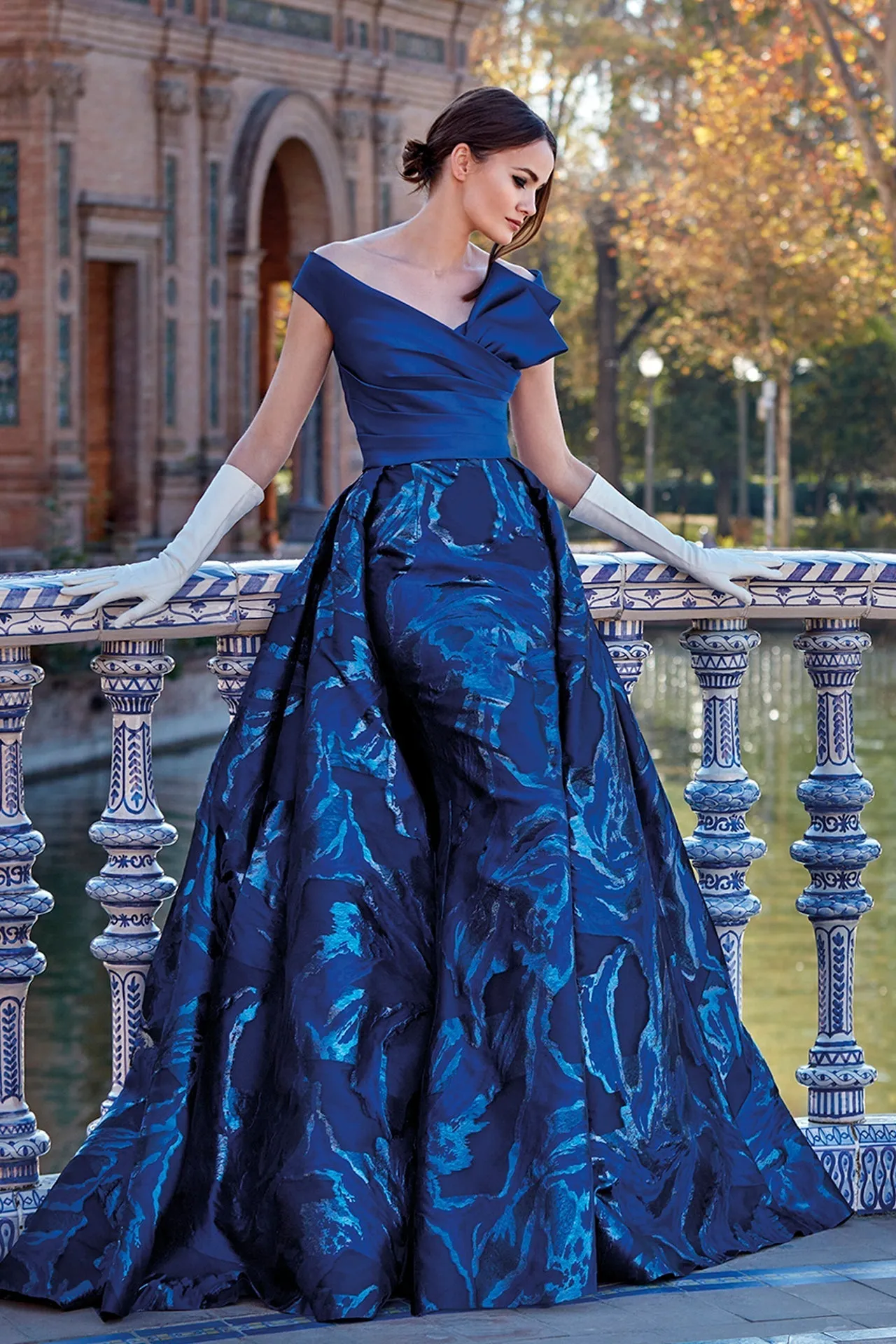 Off-The-Shoulder Printed Mermaid Dress with Overskirt