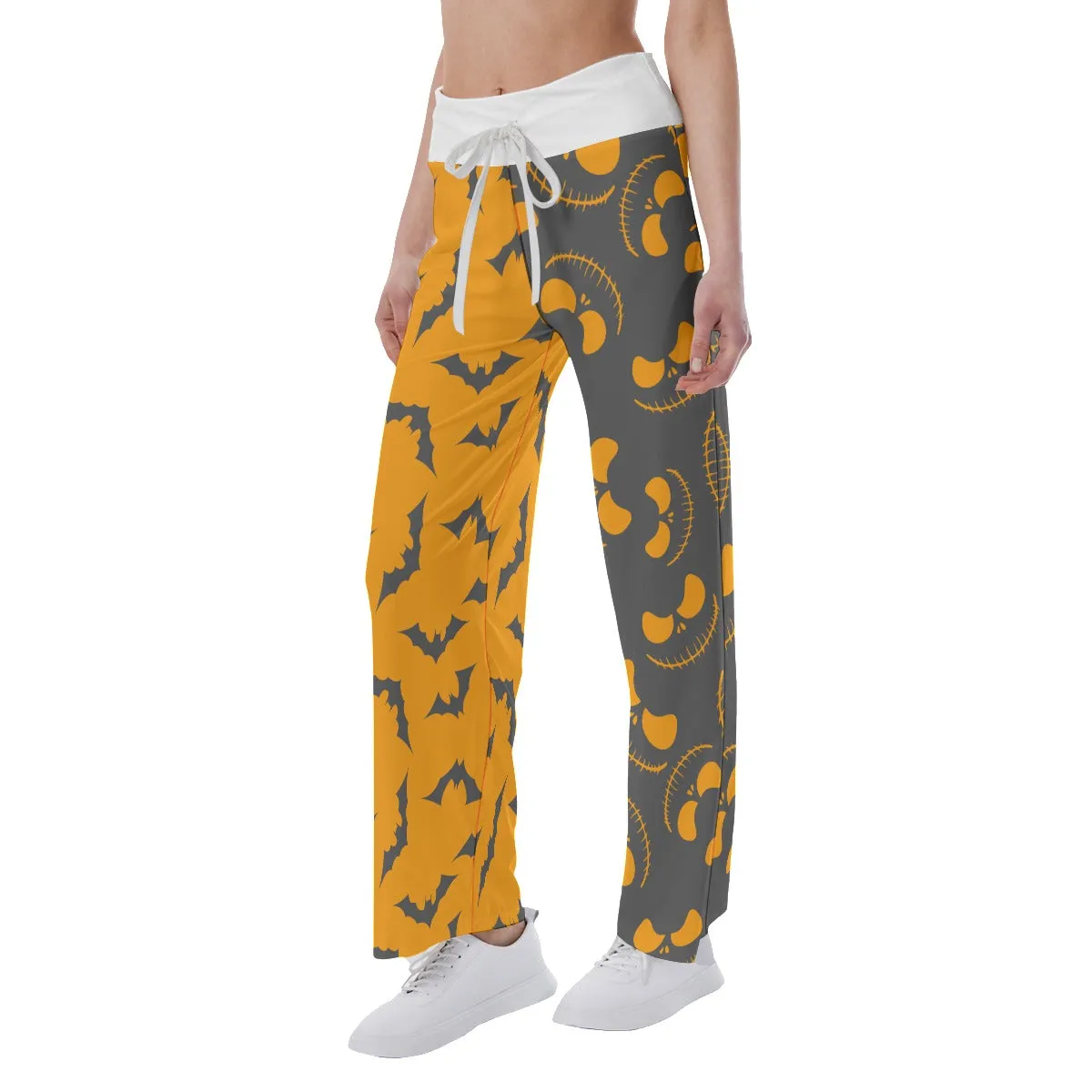 Orange Grey Halloween Skull Nightmare Women's High-waisted Wide Leg Pants