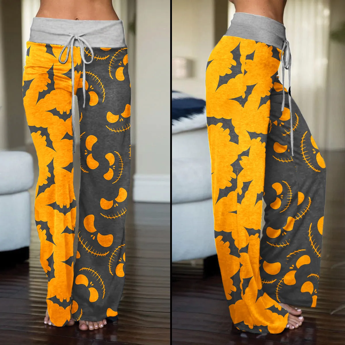 Orange Grey Halloween Skull Nightmare Women's High-waisted Wide Leg Pants