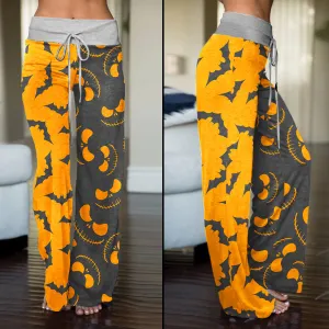 Orange Grey Halloween Skull Nightmare Women's High-waisted Wide Leg Pants