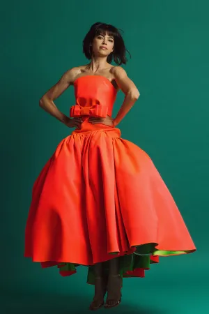 Orange Strapless Princess-cut Midi Dress