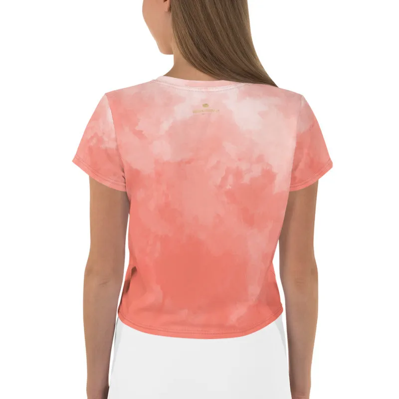 Peach Tie Dye Crop Tee, Pink Abstract Women's Cropped T-shirt-Made in USA/EU