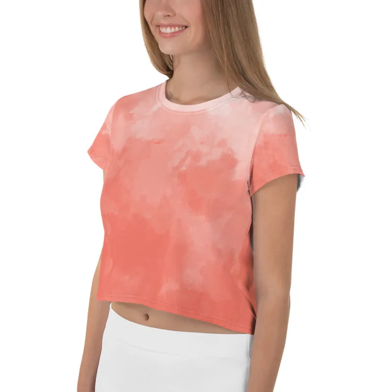 Peach Tie Dye Crop Tee, Pink Abstract Women's Cropped T-shirt-Made in USA/EU
