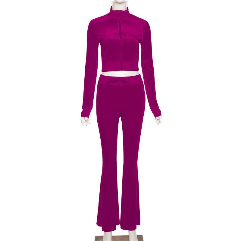 Plain Velvet Zipper Top With Pants Women Tracksuits