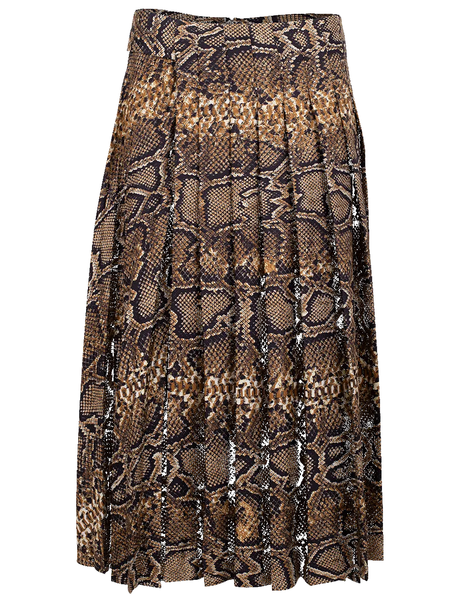 Pleated Snake Print Midi Skirt