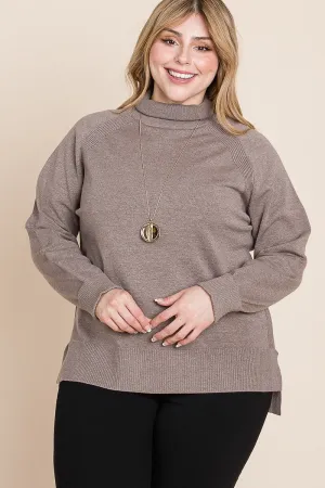 Plus Size Brown Buttery Soft Solid Knit Turtleneck Two Tone High Low Hem Sweater Top