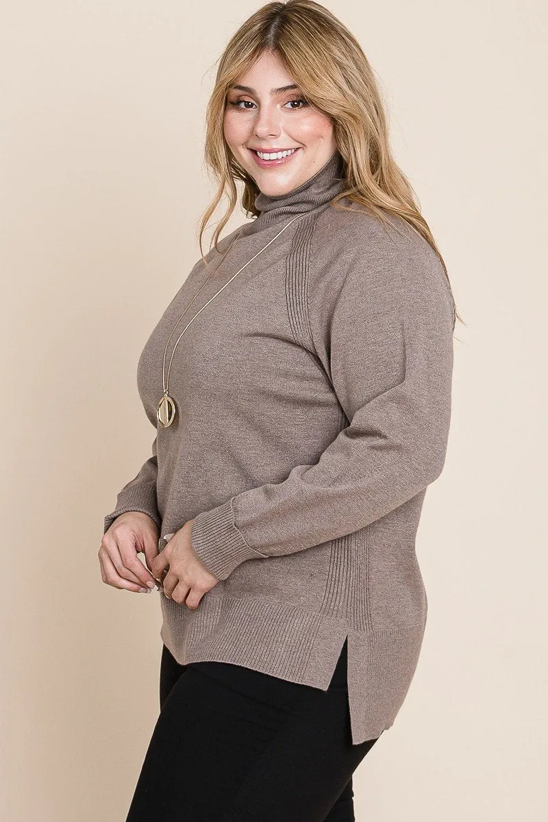 Plus Size Brown Buttery Soft Solid Knit Turtleneck Two Tone High Low Hem Sweater Top