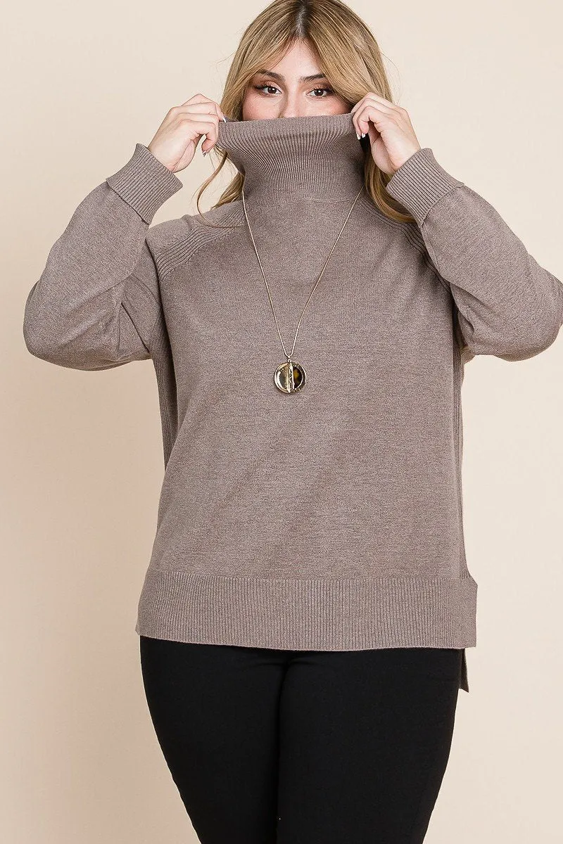 Plus Size Brown Buttery Soft Solid Knit Turtleneck Two Tone High Low Hem Sweater Top