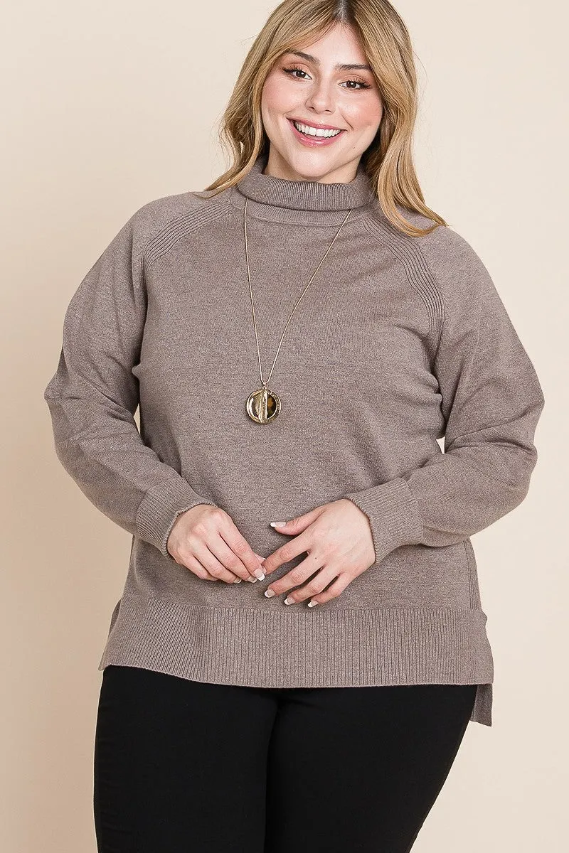 Plus Size Brown Buttery Soft Solid Knit Turtleneck Two Tone High Low Hem Sweater Top