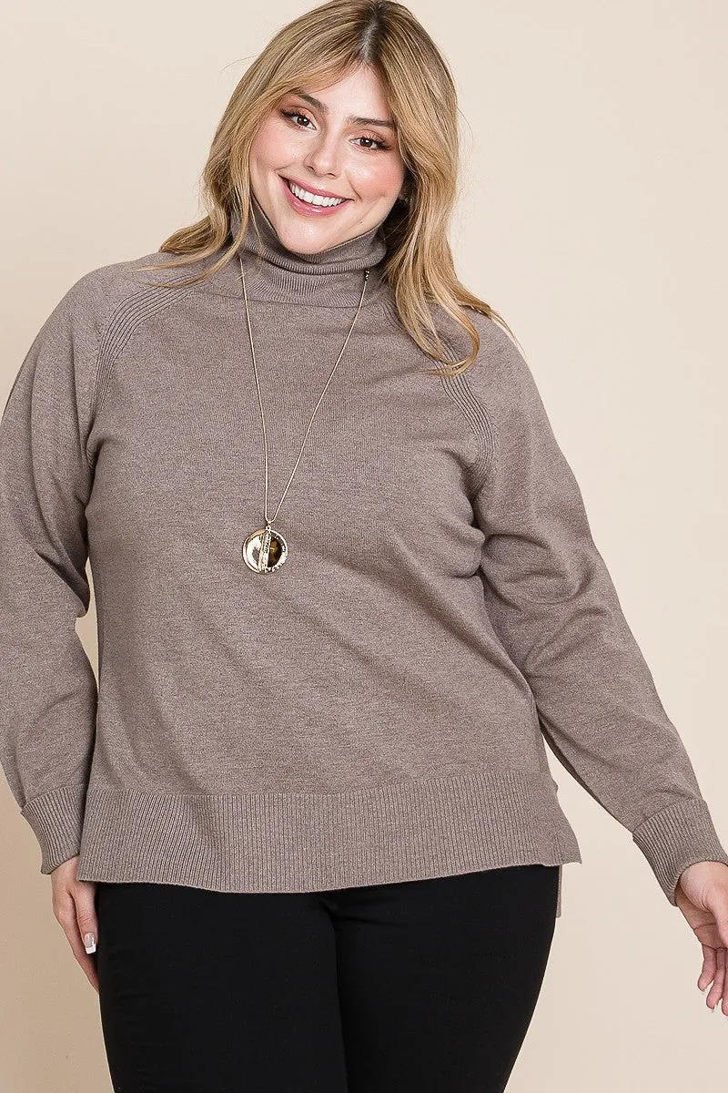 Plus Size Brown Buttery Soft Solid Knit Turtleneck Two Tone High Low Hem Sweater Top