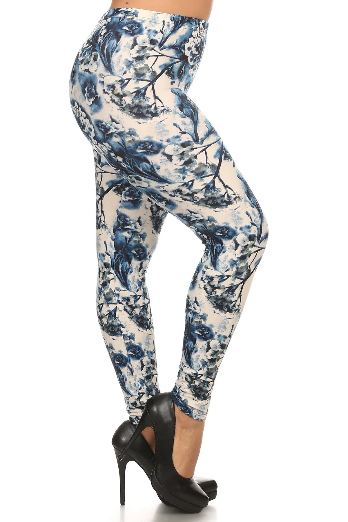 Plus Size Floral Print, High Waists Full Length Women's Leggings