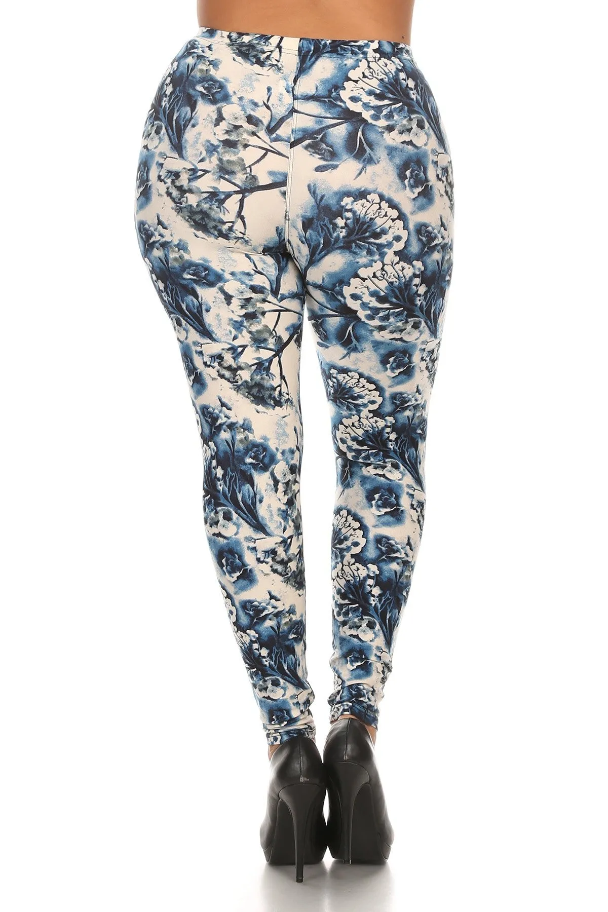 Plus Size Floral Print, High Waists Full Length Women's Leggings