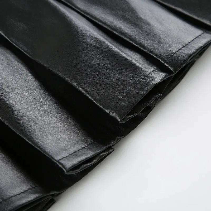 Punk Zipper Metal PU Leather Pleated Skirt