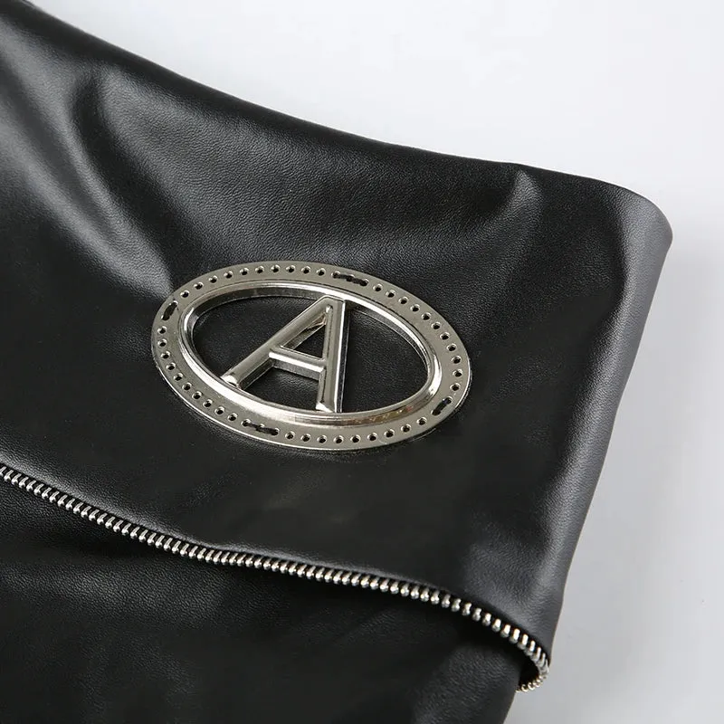 Punk Zipper Metal PU Leather Pleated Skirt