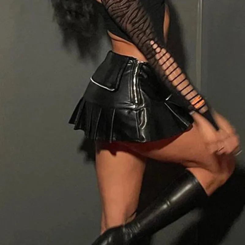 Punk Zipper Metal PU Leather Pleated Skirt