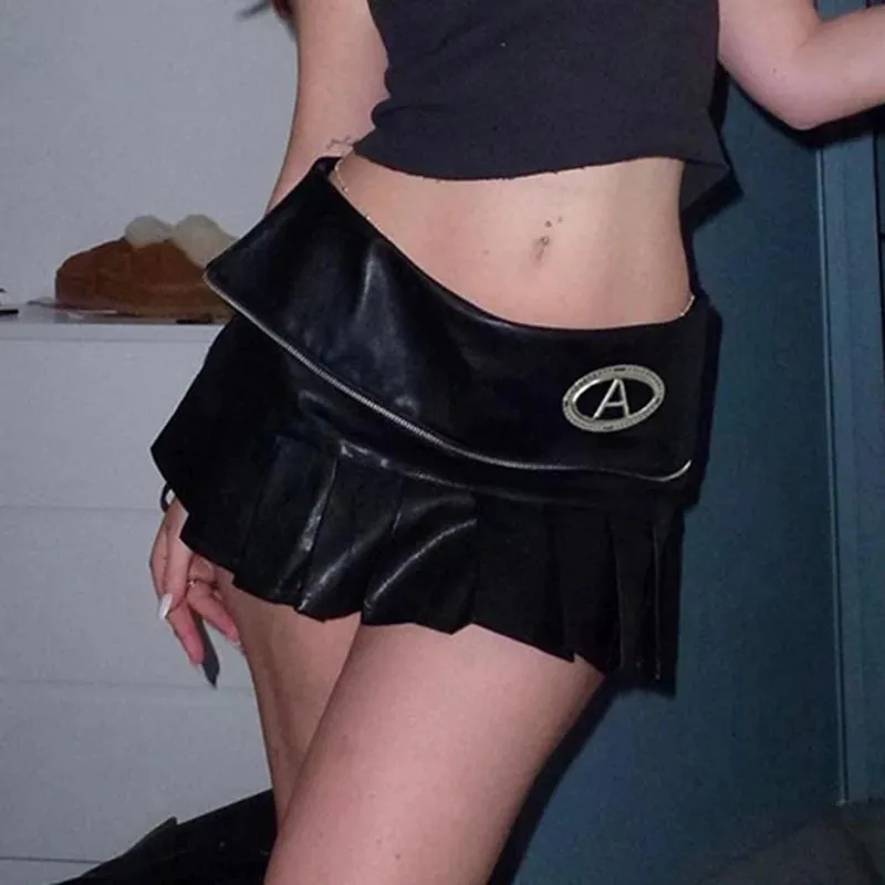Punk Zipper Metal PU Leather Pleated Skirt