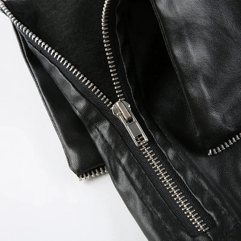 Punk Zipper Metal PU Leather Pleated Skirt