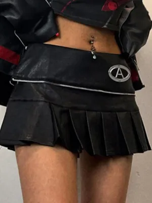 Punk Zipper Metal PU Leather Pleated Skirt