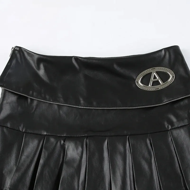 Punk Zipper Metal PU Leather Pleated Skirt