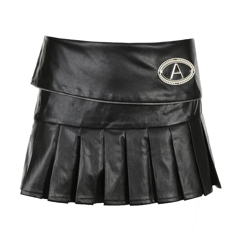 Punk Zipper Metal PU Leather Pleated Skirt