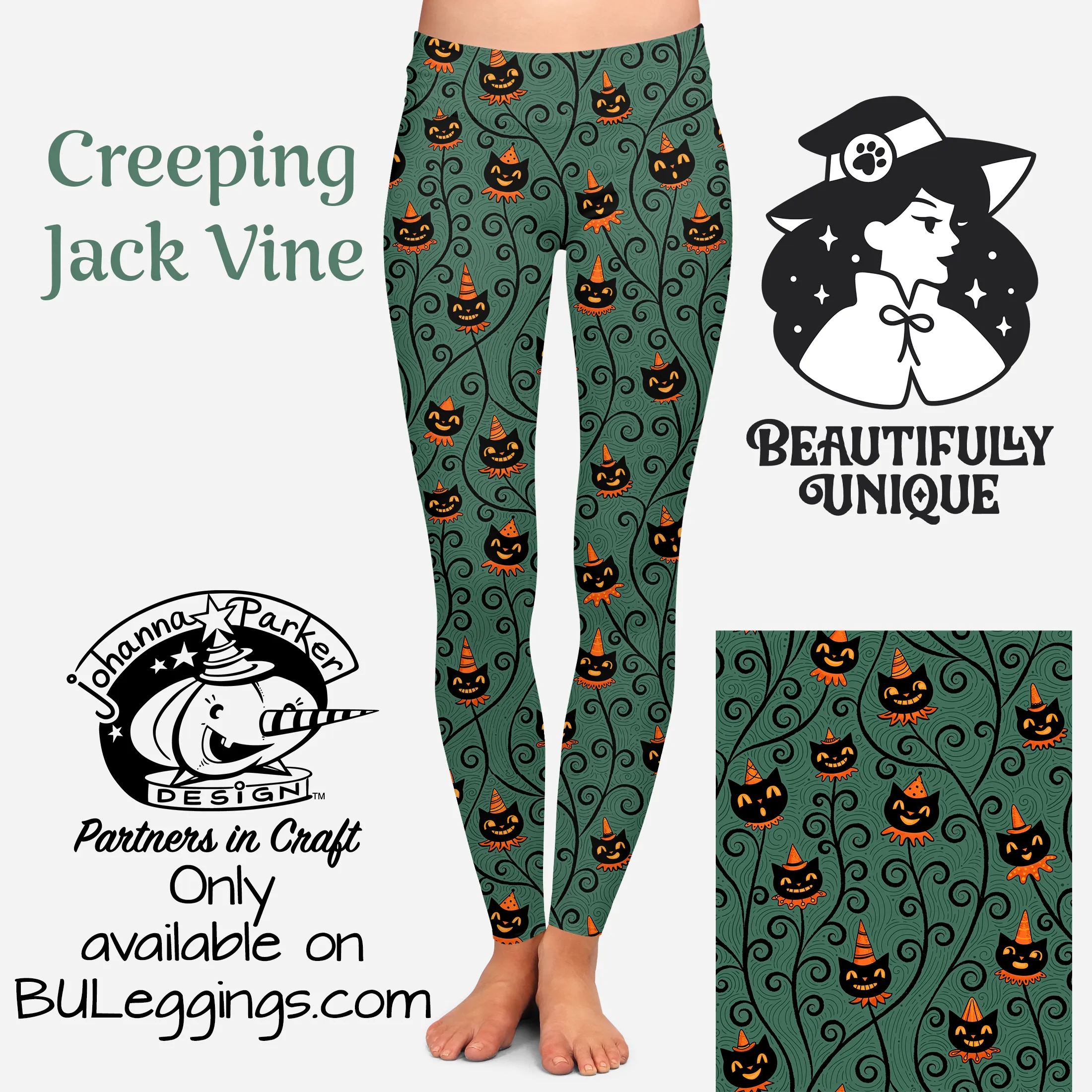 "Creeping Jack Vine" Black Vintage Cat (Johanna Parker Exclusive) - High-quality Handcrafted Vibrant Leggings