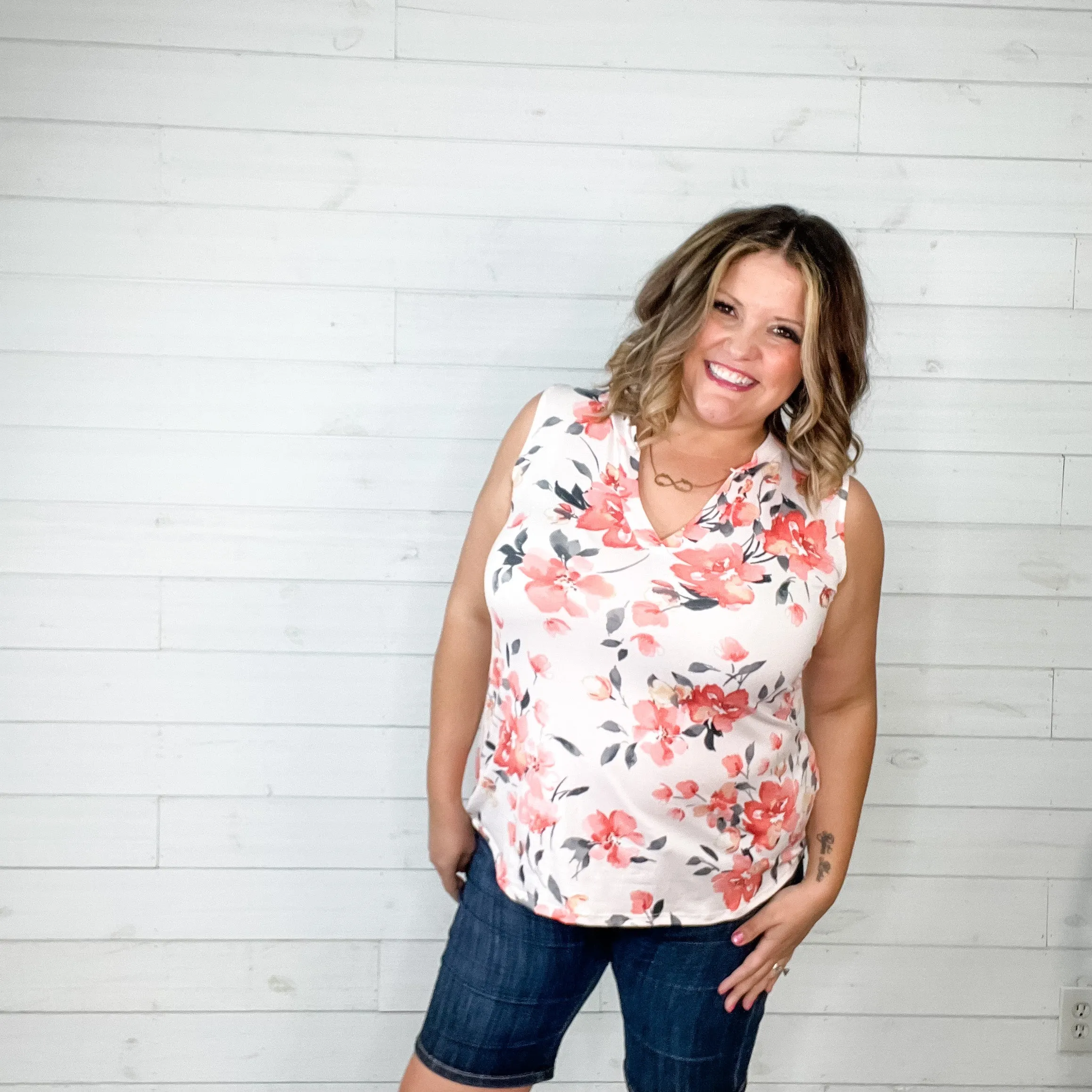 "Marco" Floral Sleeveless Split Neck