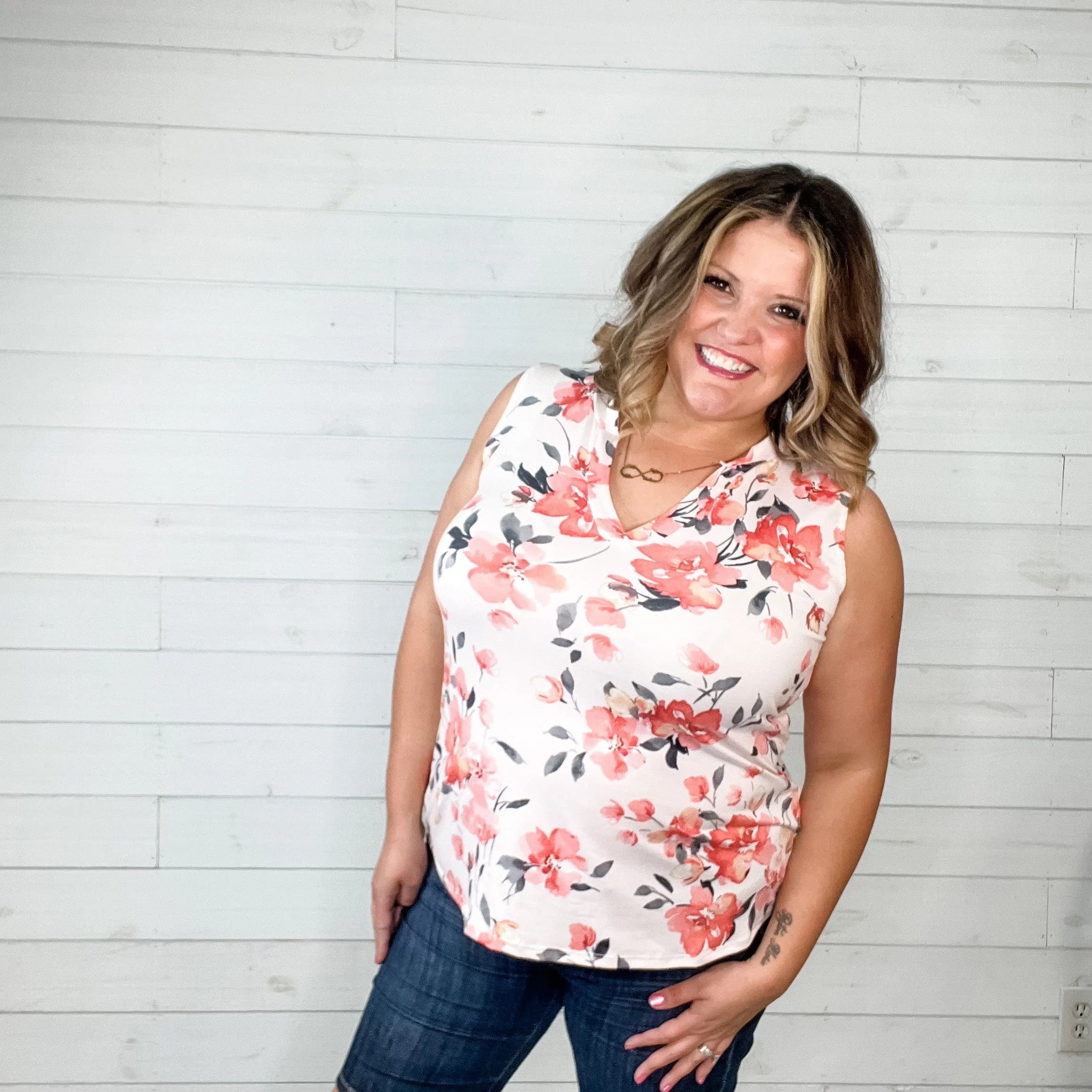 "Marco" Floral Sleeveless Split Neck