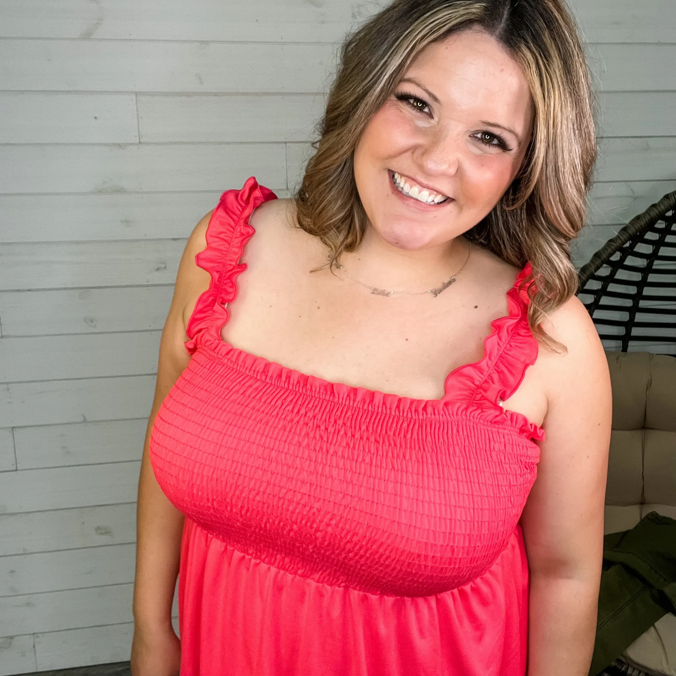 "Taffy" Smocked Bust Ruffle Strap Tank Top (Coral)