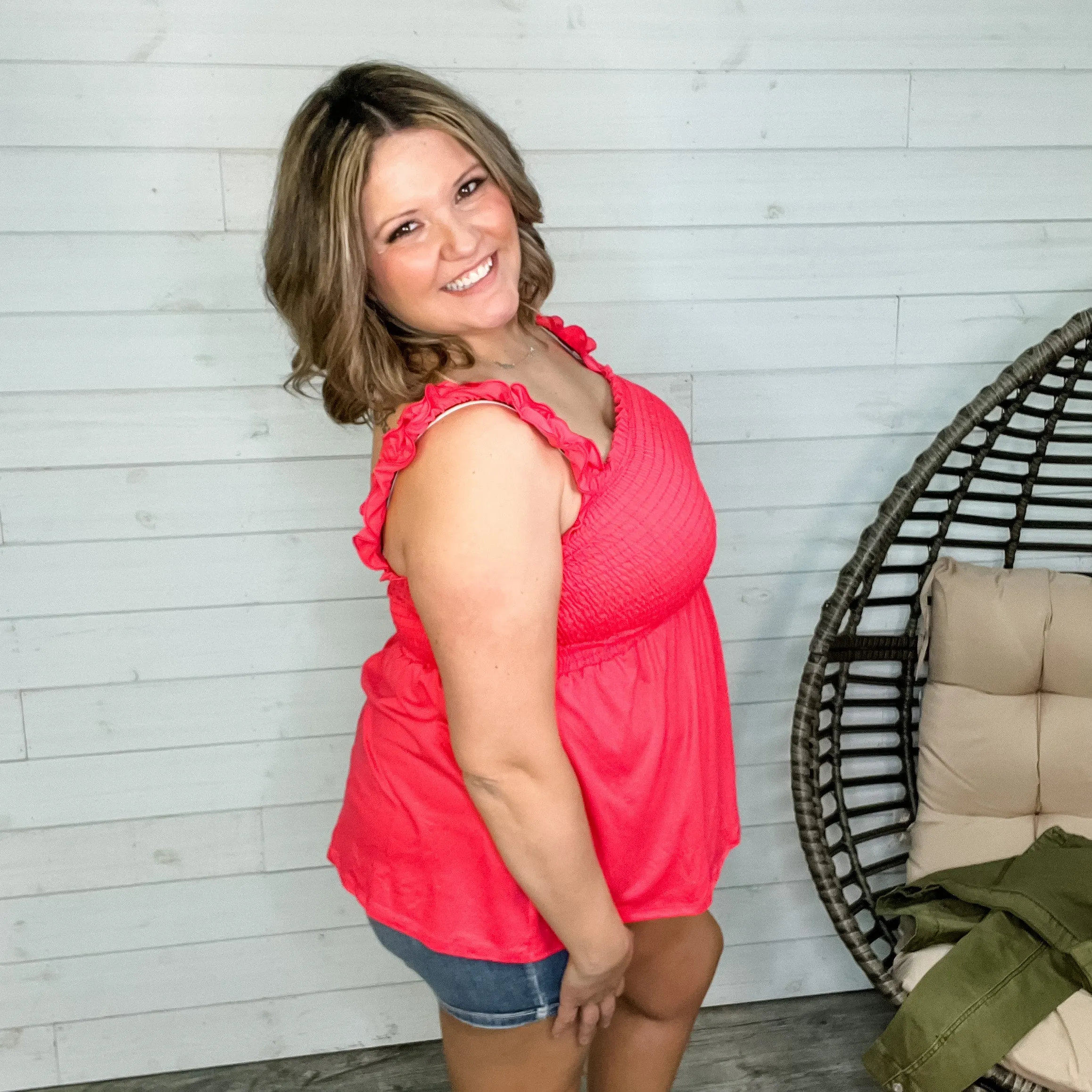 "Taffy" Smocked Bust Ruffle Strap Tank Top (Coral)