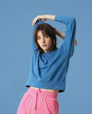 Rareism Women Cax Petrol Cotton Blend Fabric Relaxed Fit Full Sleeves Solid Round Neck Sweatshirt