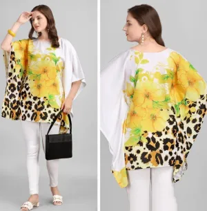 Rayon Yellow Floral Printed Kaftan Tunic tops for Ladies