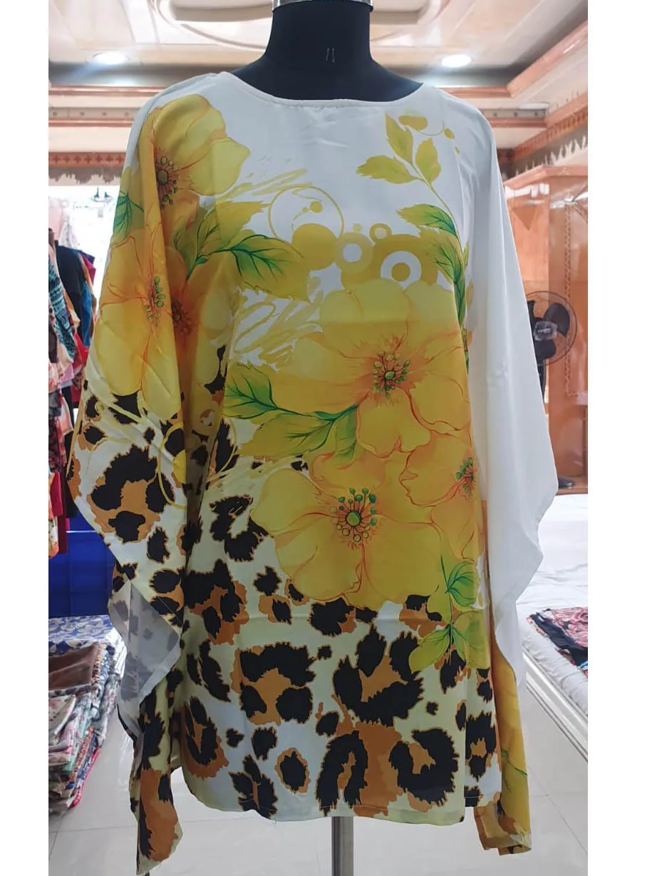 Rayon Yellow Floral Printed Kaftan Tunic tops for Ladies