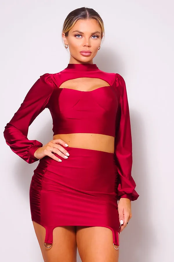 Red Puff Long Sleeve Front Cutout Turtleneck Blouse & Side Ruched Garter Mini Skirt Set