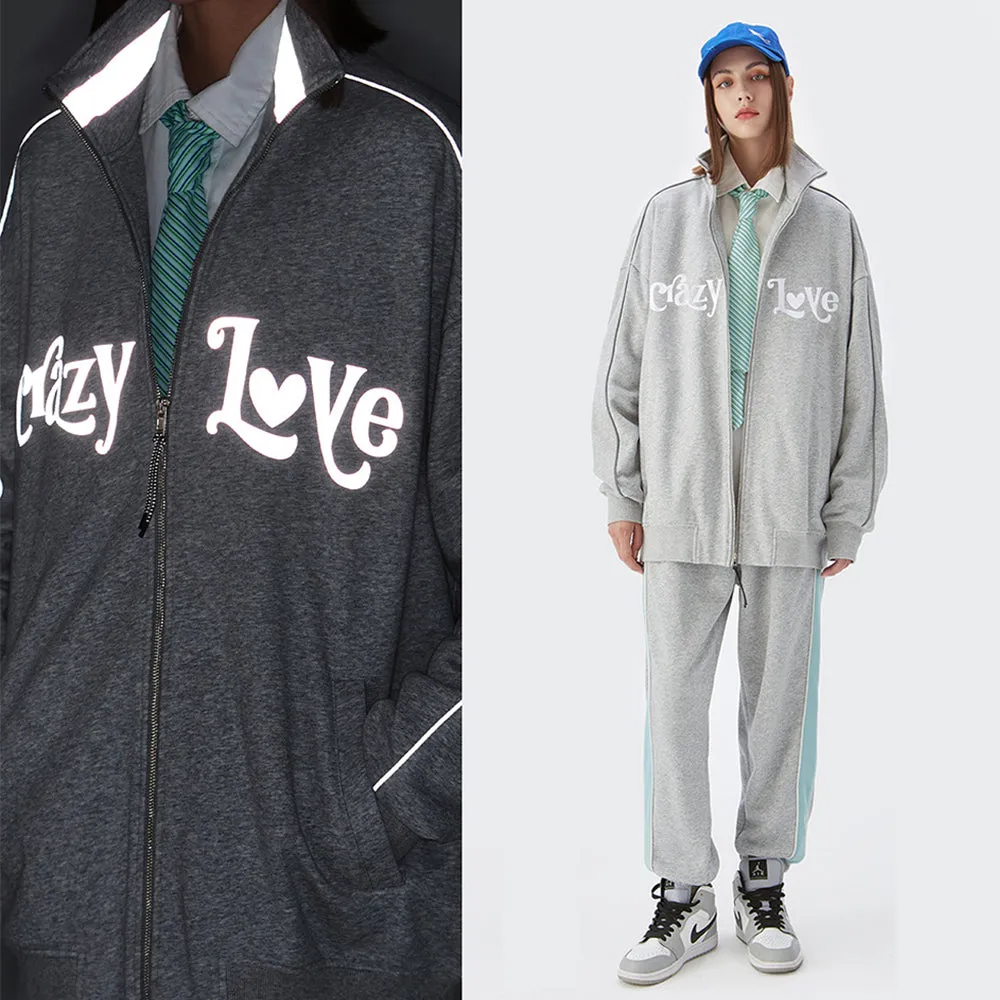 REFLECTIVE "CRAZY LOVE" PRINTED HALF-TURTLENECK ZIP-UP SWEATSHIRT SET