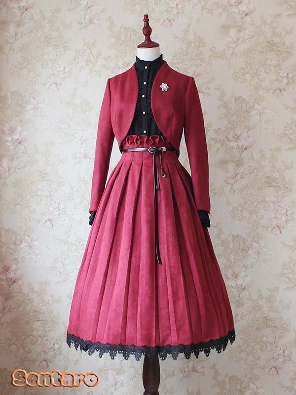 Sentaro~Warm Tea Suede~High Waist Pleated Lolita Skirt