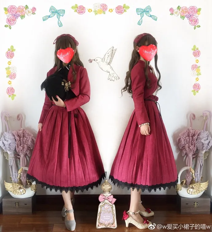 Sentaro~Warm Tea Suede~High Waist Pleated Lolita Skirt
