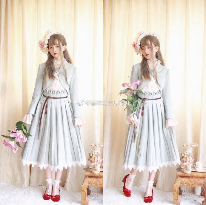 Sentaro~Warm Tea Suede~High Waist Pleated Lolita Skirt