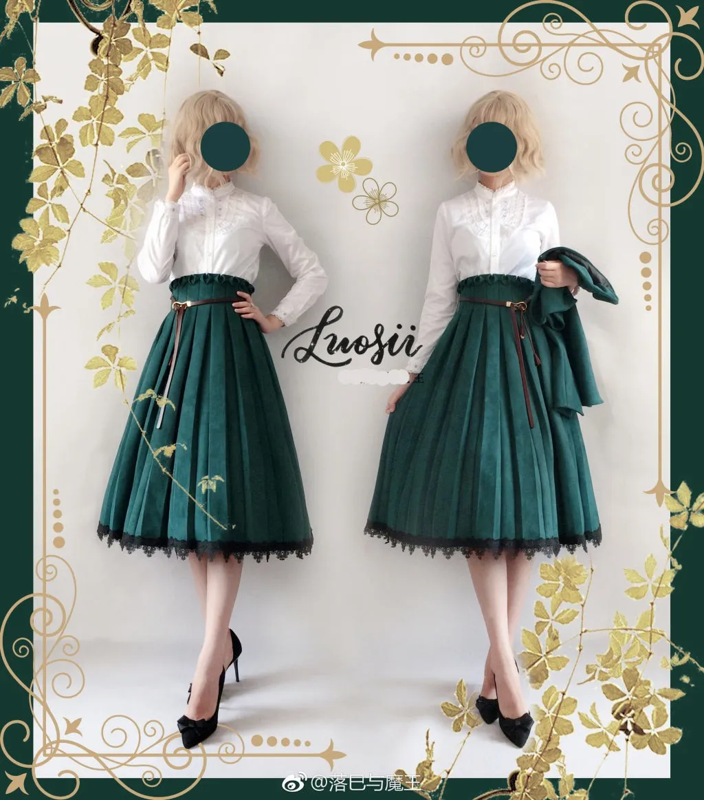 Sentaro~Warm Tea Suede~High Waist Pleated Lolita Skirt