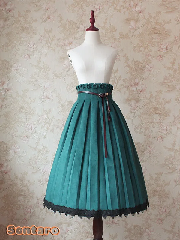 Sentaro~Warm Tea Suede~High Waist Pleated Lolita Skirt