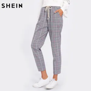 SHEIN Drawstring Detail Plaid Peg Pants Grey High Waist Trousers Elastic Waist Loose Cropped Womens Casual Pants