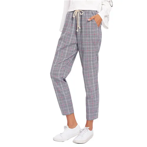 SHEIN Drawstring Detail Plaid Peg Pants Grey High Waist Trousers Elastic Waist Loose Cropped Womens Casual Pants
