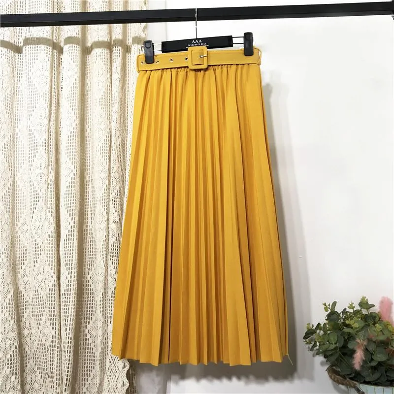 Solid Colored Belt Pleated Skirt Women Mid-Length All-Matching A-Line Skirt
