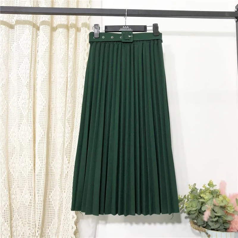 Solid Colored Belt Pleated Skirt Women Mid-Length All-Matching A-Line Skirt