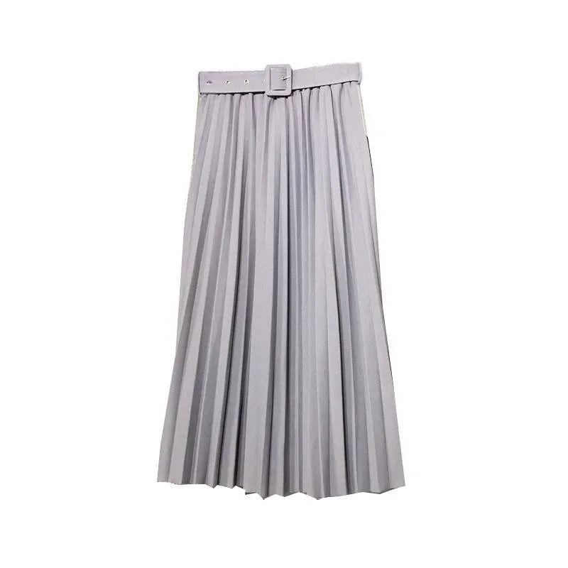 Solid Colored Belt Pleated Skirt Women Mid-Length All-Matching A-Line Skirt