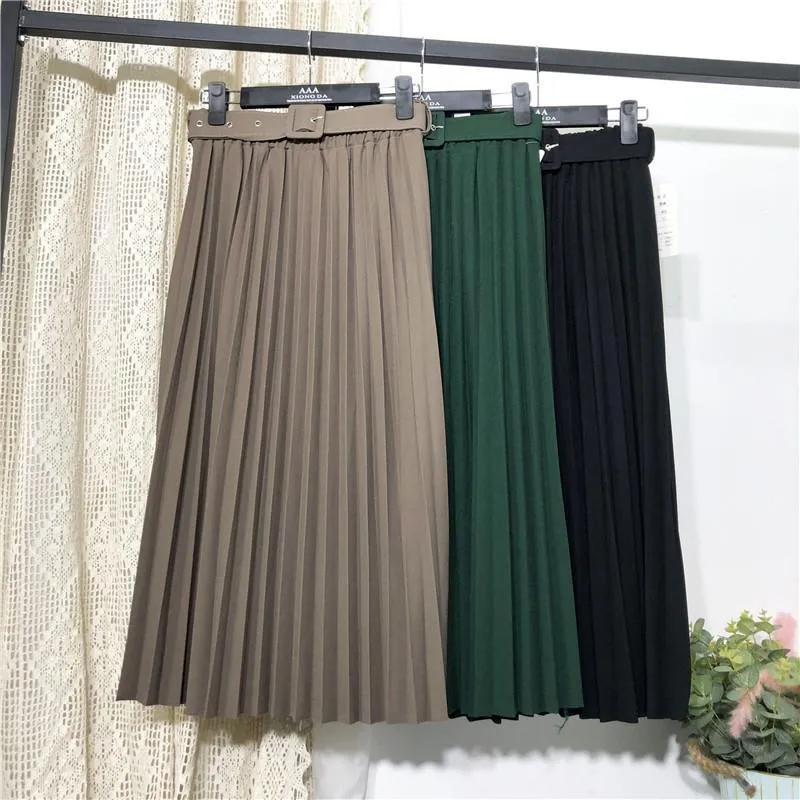 Solid Colored Belt Pleated Skirt Women Mid-Length All-Matching A-Line Skirt